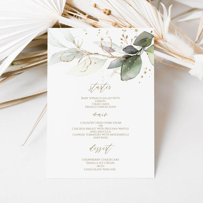 Greenery Watercolor Menu Template – Editable Wedding, Birthday, or Shower Menu Card – Printable Dinner Menu – Instant Download