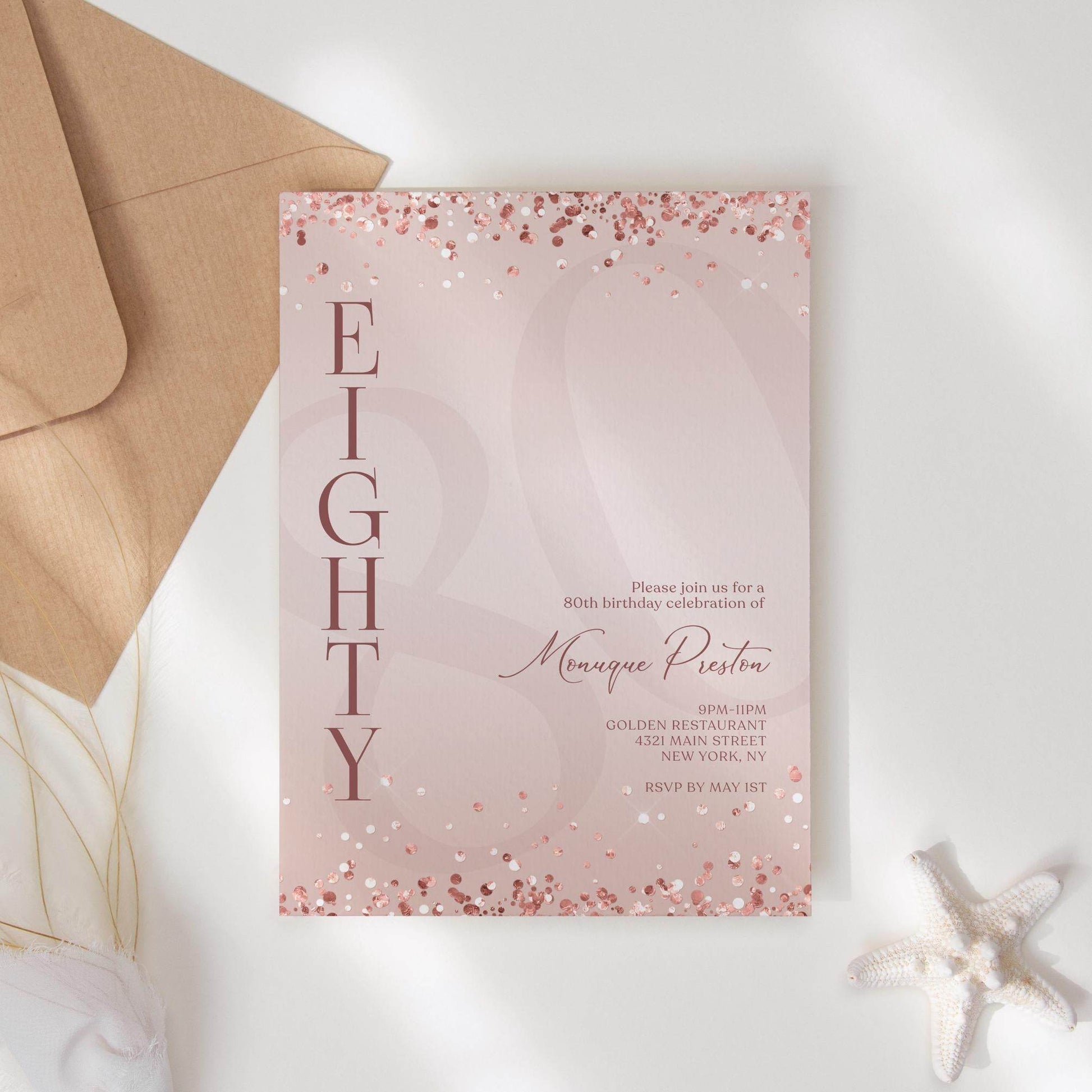 Pink Rose Gold 80th Eighty Birthday Invitation Template, Printable Invitation, Surprise Party Invite, Email Text Message, Editable Invite