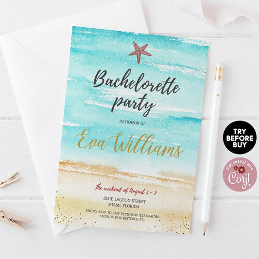 Watercolor Beach Bachelorette Party Invitation | Tropical Weekend Invite | Editable Template | Instant Download