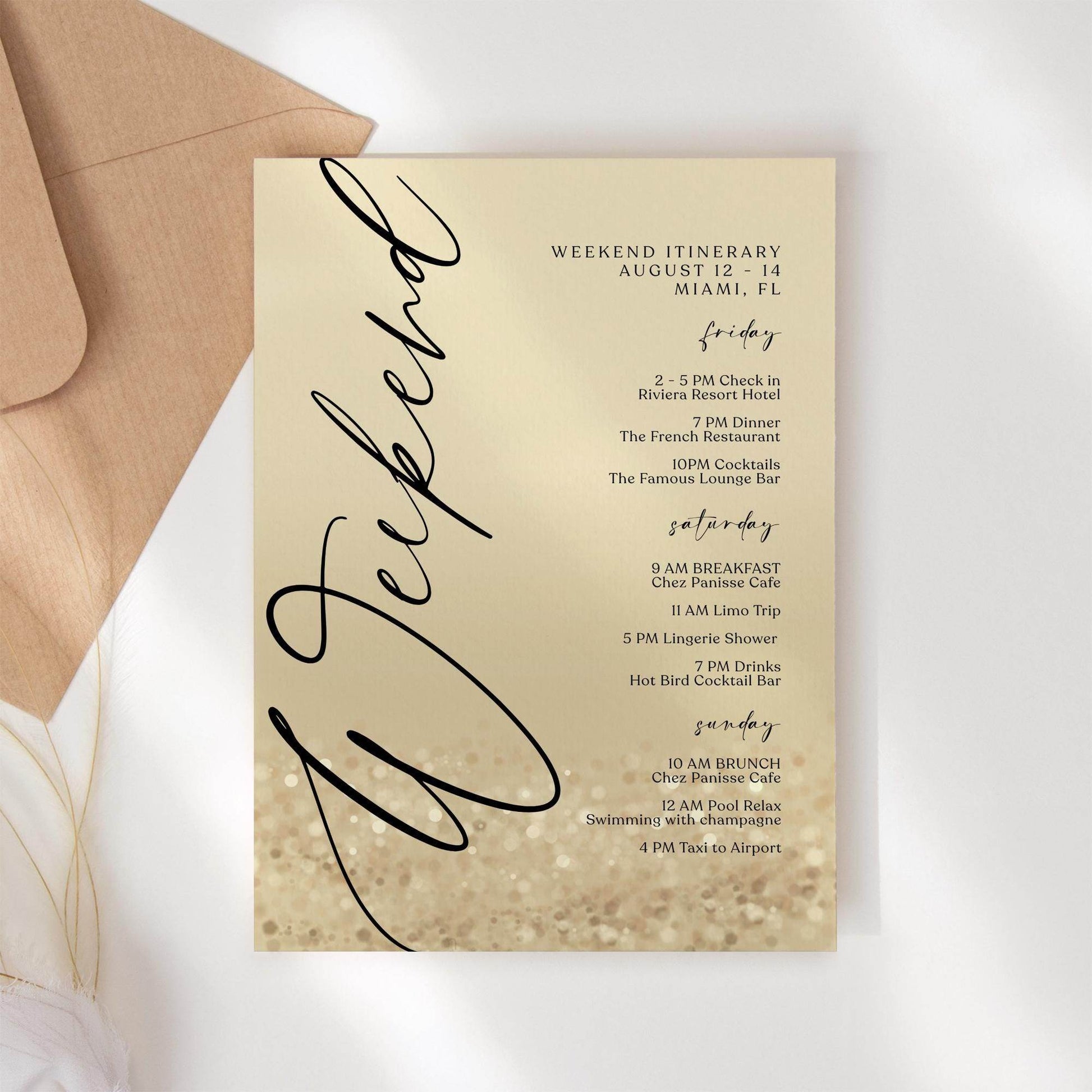 Weekend Itinerary Template – Editable Gold Birthday or Bachelorette Weekend Schedule | Printable Hen Party Itinerary | Text Message Digital Download