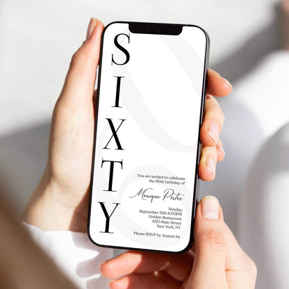 Digital Simple 60th Sixty Birthday Invitation Template, Electronic Minimalist Birthday Invite, Modern Any Age Invite, DIY Text Message Evite
