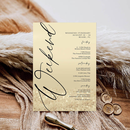 Weekend Itinerary Template – Editable Gold Birthday or Bachelorette Weekend Schedule | Printable Hen Party Itinerary | Text Message Digital Download