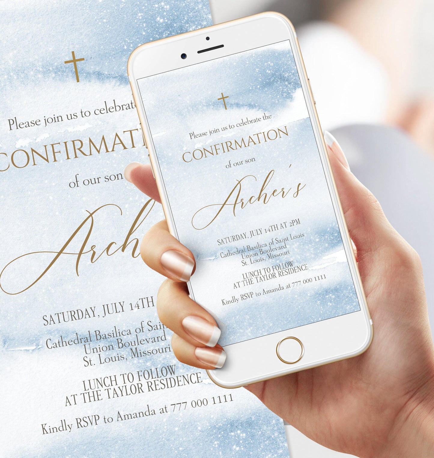 Digital Blue Gold Confirmation Invitation, Electronic Boy Confirmation Invite, Editable Invitation Template, Watercolor Text Message Evite