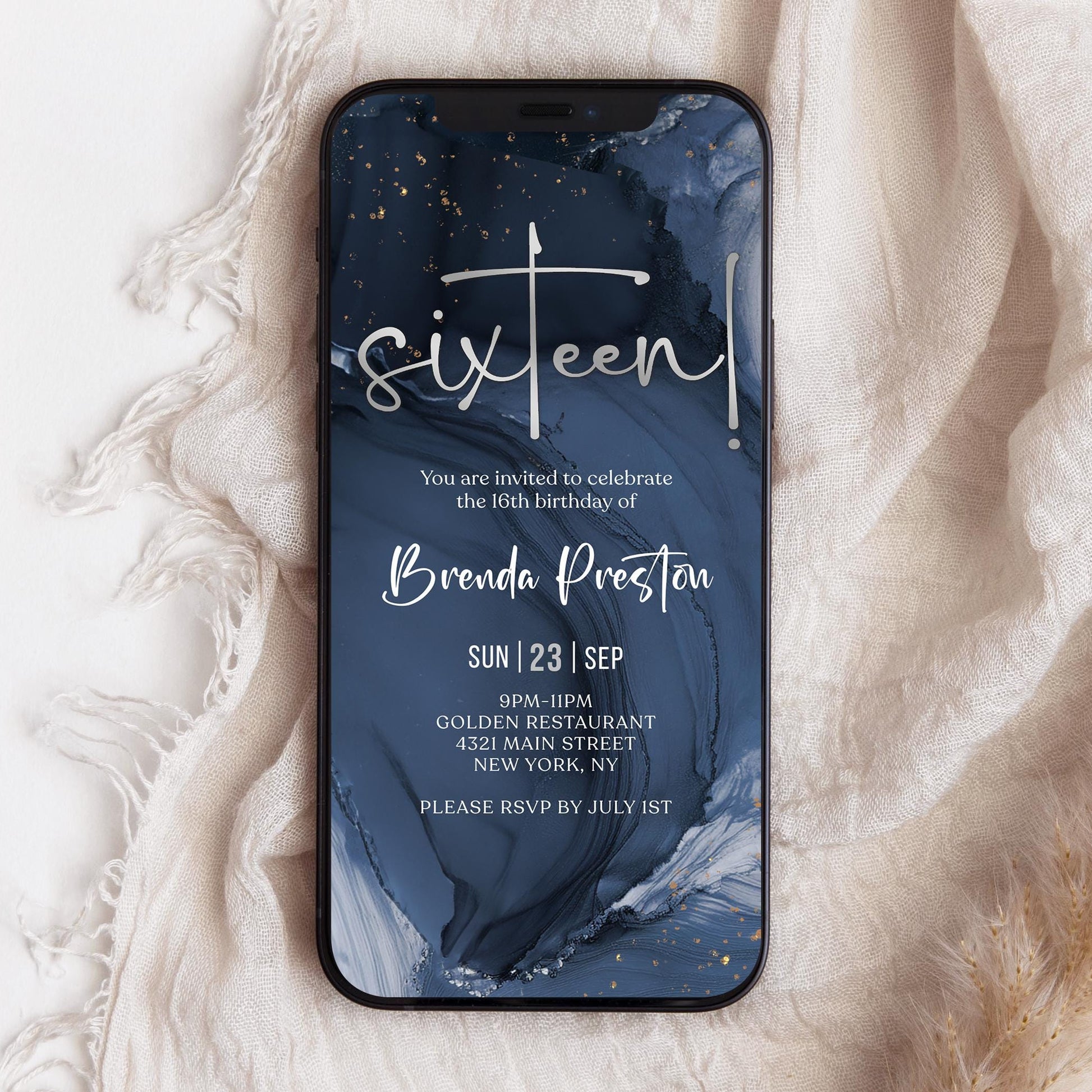 Digital Blue Silver 16th Birthday Invitation Template, Editable Boy Sixteen Party Invite, Electronic Text Message Evite, Instant Download