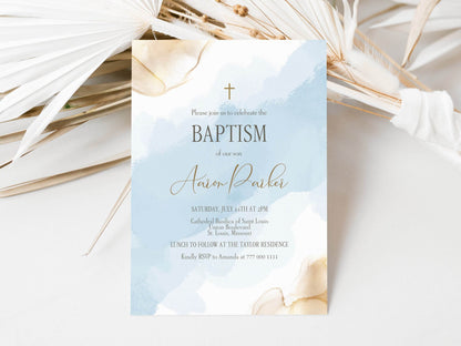 Boy Baptism Invitation Template, Editable Baby Blue Gold Watercolor Christening Invite, Email Text Message Baptism Card, Digital Instant Download