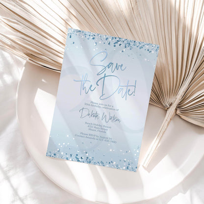 Blue Save the Date Invitation Template | Editable Blue & Silver Birthday Party Invite | Printable Any Age Digital Card | Email or Text Message Evite
