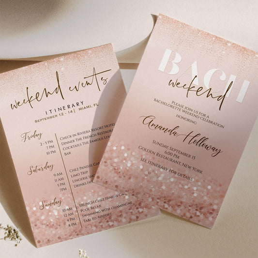 Printable Bachelorette Invite Template, Rose Gold Blush Bachelorette Invitation, Glitter Itinerary Card, Editable Canva, Instant Download