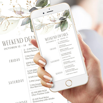 Greenery Electronic Weekend Itinerary Template, Editable Hens Party Weekend Details, Bachelorette, Simple Birthday Weekend, Modern Itinerary