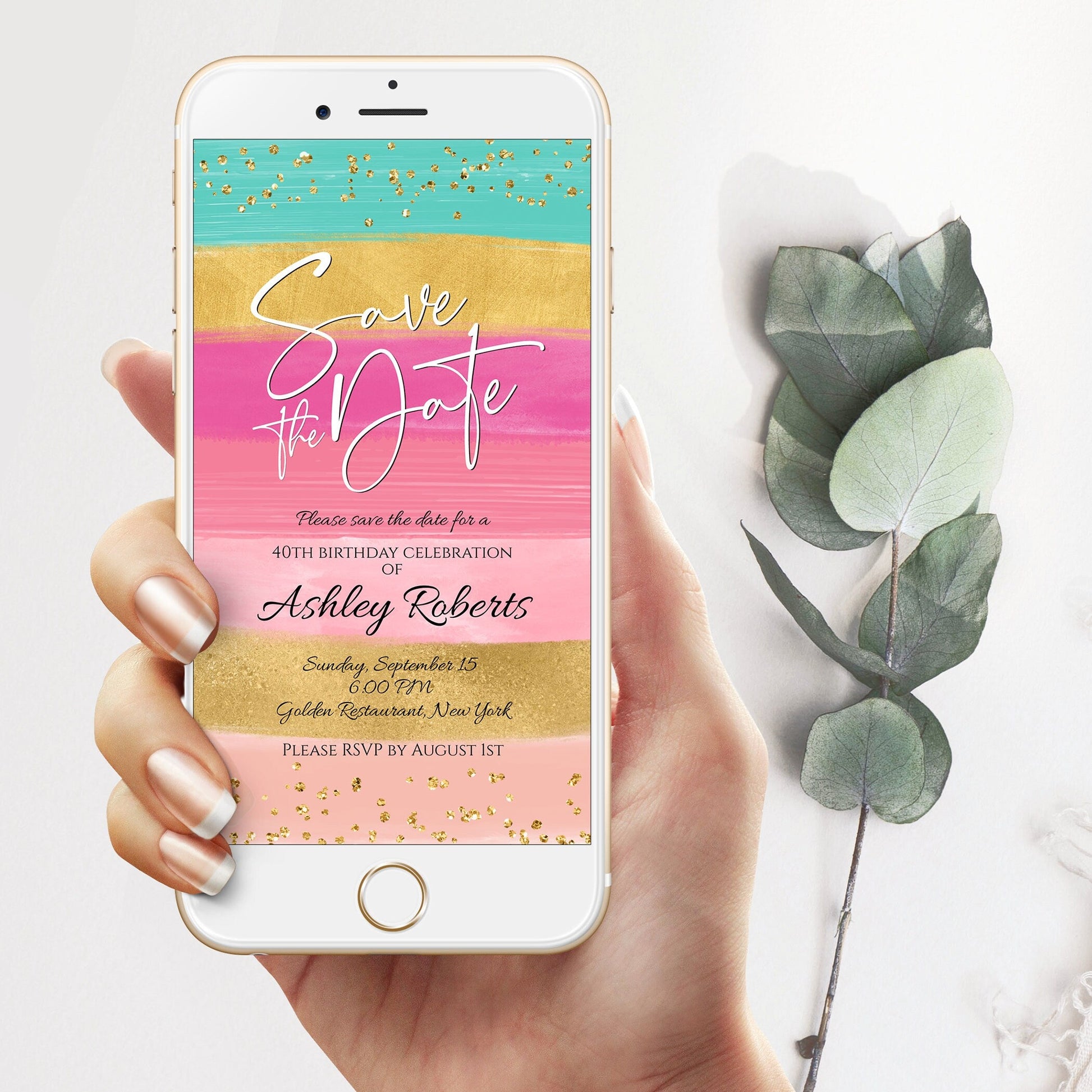 Rainbow Gold Save the Date Text Invitation | Editable Digital Birthday Evite | Any Age Invite Template | Instant Download