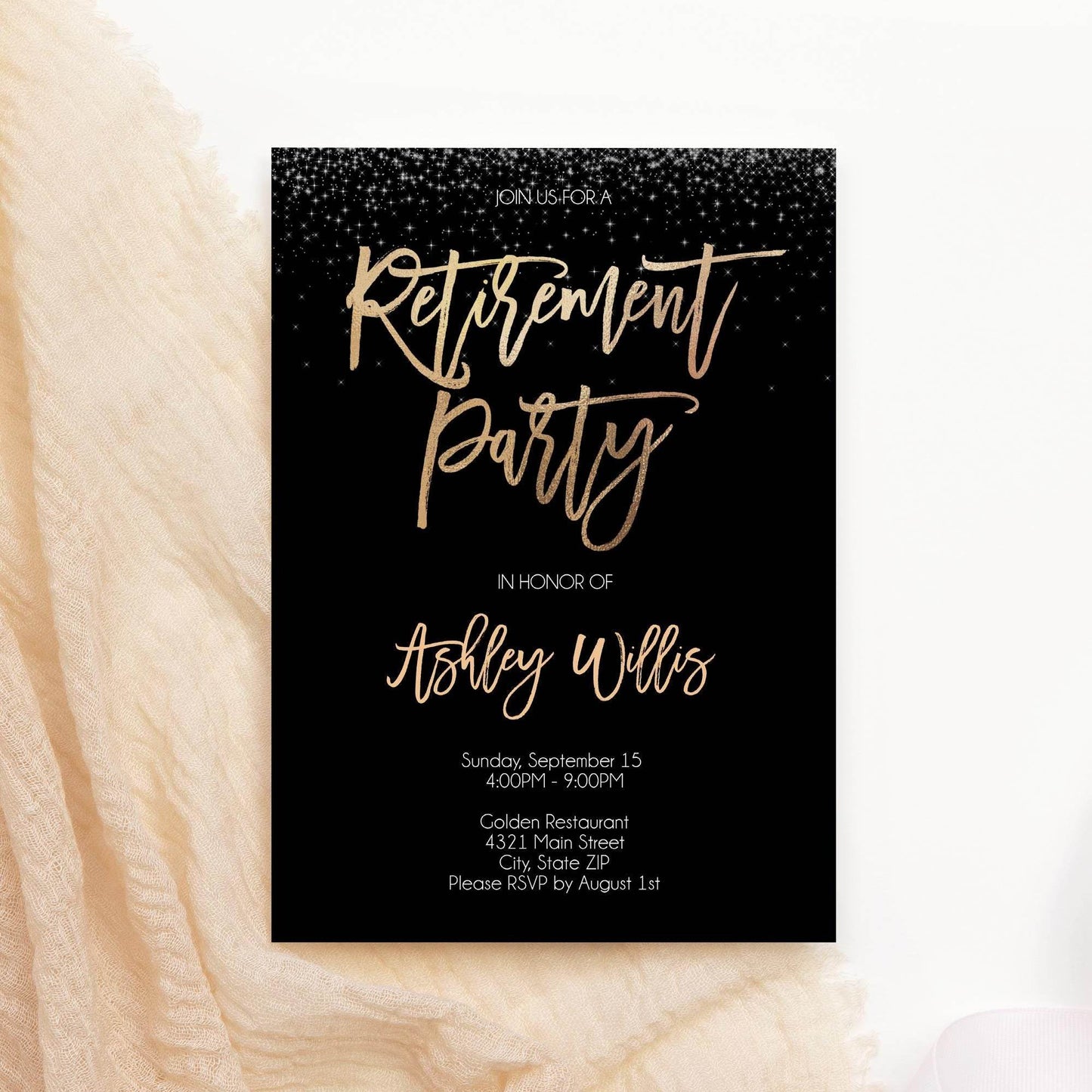 Retirement Party Invitation Template Printable, Editable Black Gold Invite, Elegant Gold Foil Card, Digital Download, Instant Evite