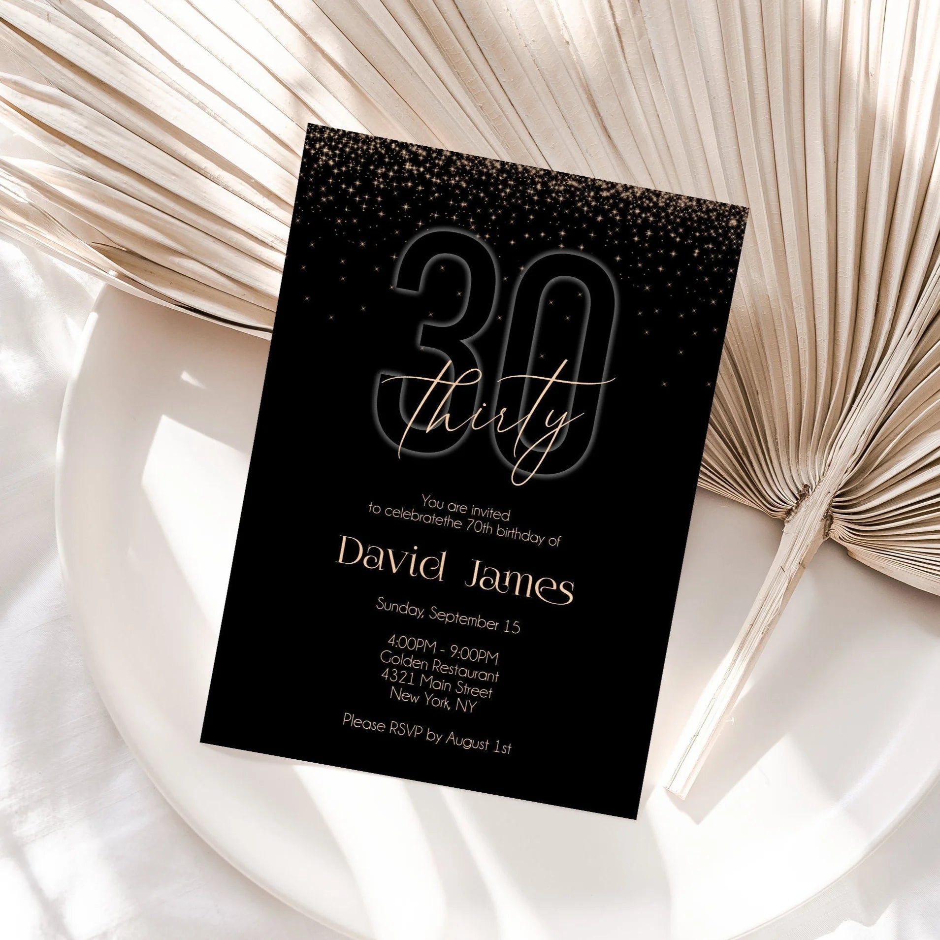 30th Birthday Invitation Printable, Thirty Birthday Party, Black Gold Men Birthday Invitation, Editable Luxury Invite, Instant Download, 5x7