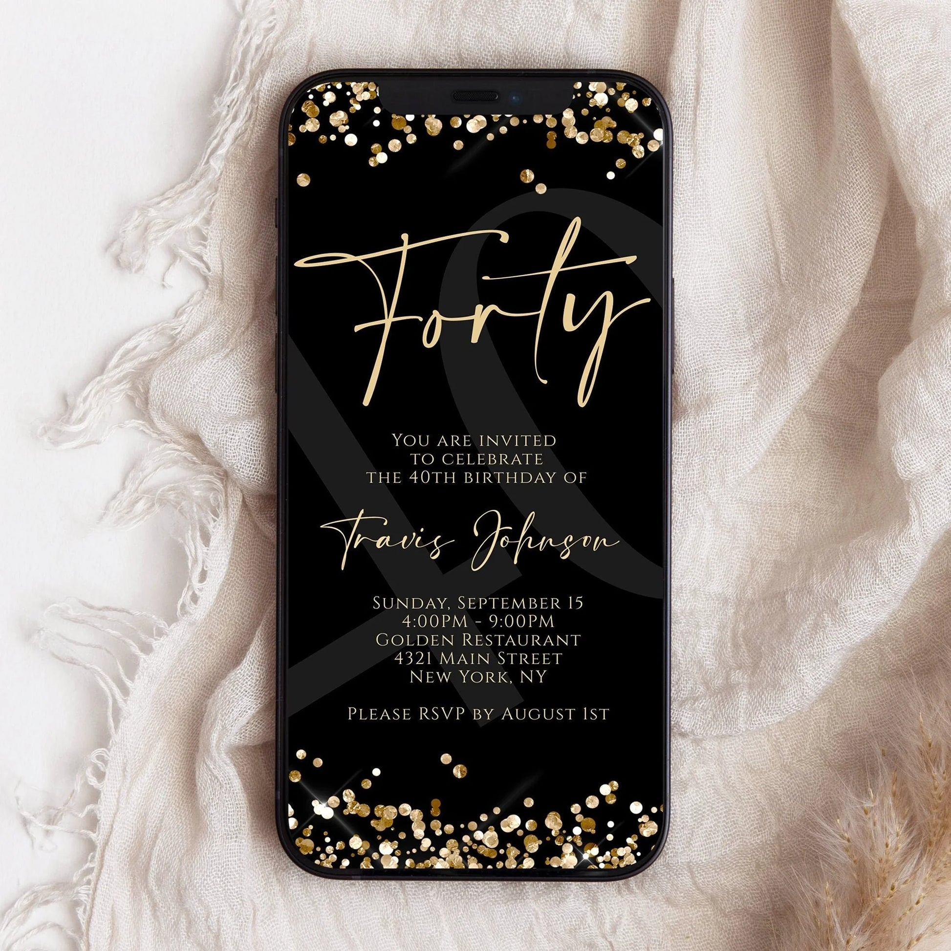 Digital Black Gold Forty 40th Birthday Invitation Template, Electronic Birthday Invite, Editable Text Message Evite, Modern Black Invitation