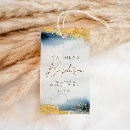 Printable Baptism Thank You Tag Template, Blue Gold Watercolor Baptism Favor Tags, Boy Baptism, Christening Thank You Tag, Digital Favor Tag