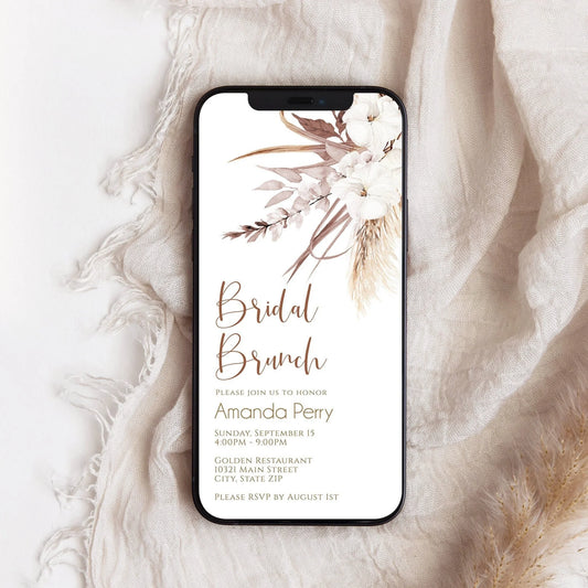 Digital Boho Bridal Brunch Invitation for phone, Electronic Pampas Grass Floral Bridal Brunch Invite