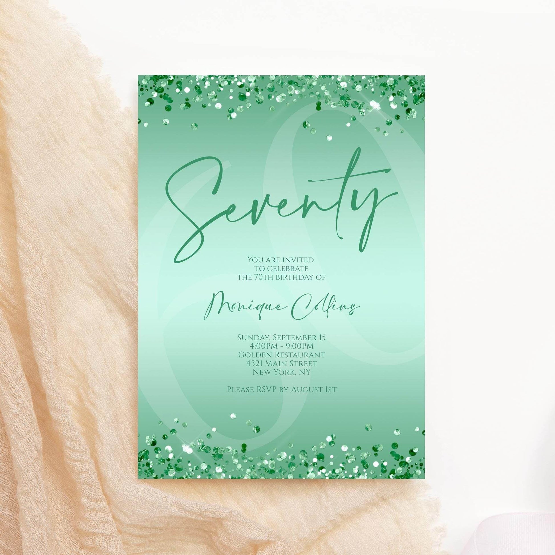 Printable Mint Green 70th Birthday Invitation Template – Editable Digital Mint Birthday Card | Women’s 70th Party Invite | Instant Download