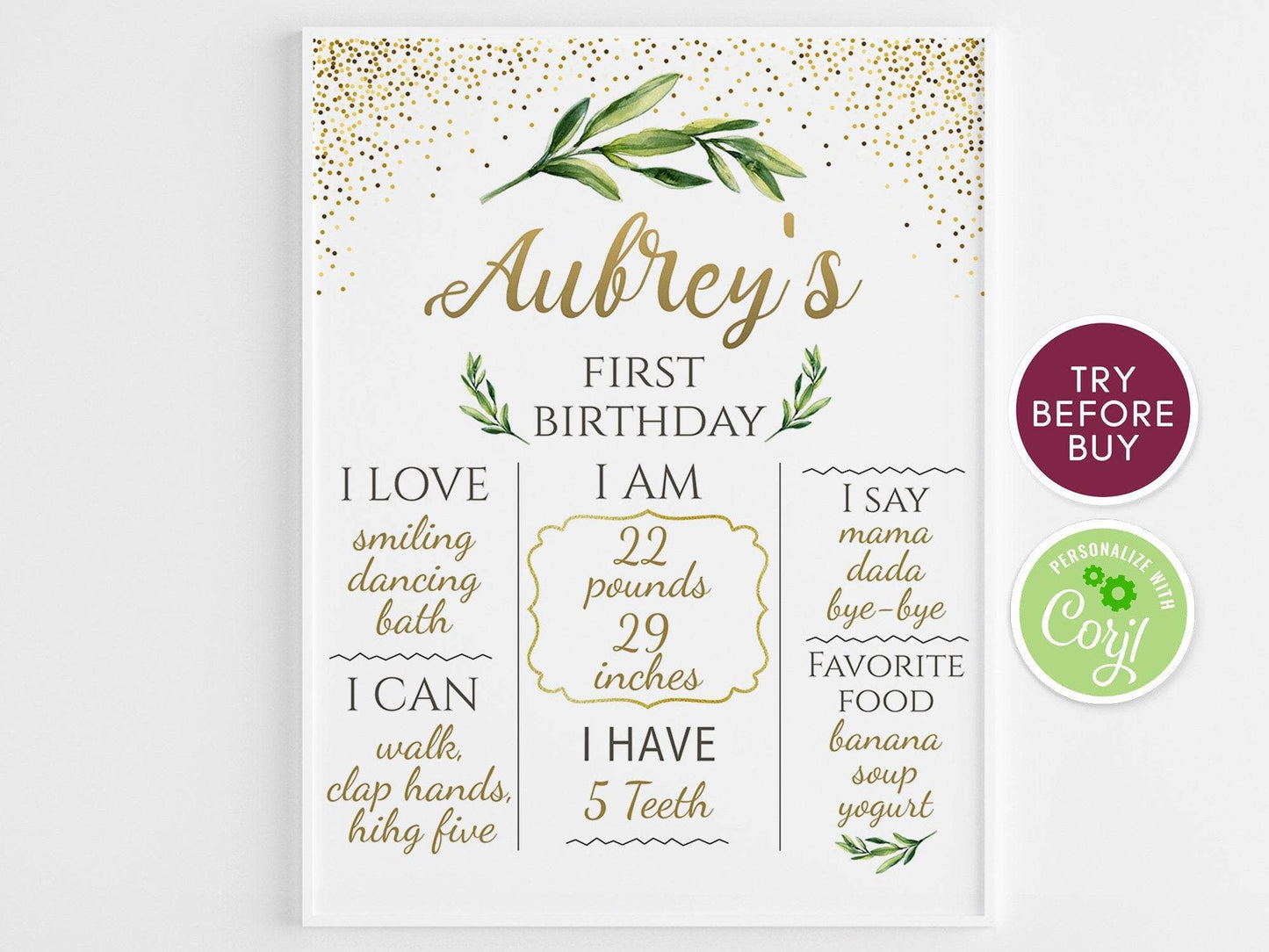 Milestone Birthday Poster, Editable Greenery First Birthday Chalkboard Sign, Gold Confetti 1st Birthday Poster, Instant Download Template