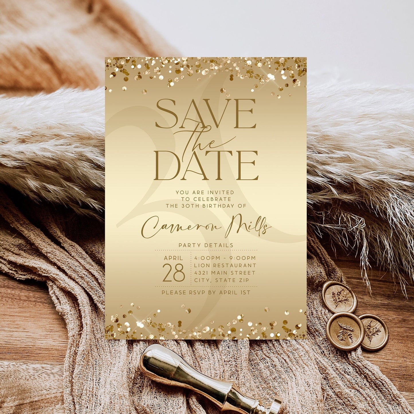 Gold Save the Date Birthday Invitation | Editable Luxury Invite Template | Printable & Digital Text Message Evite | Instant Download