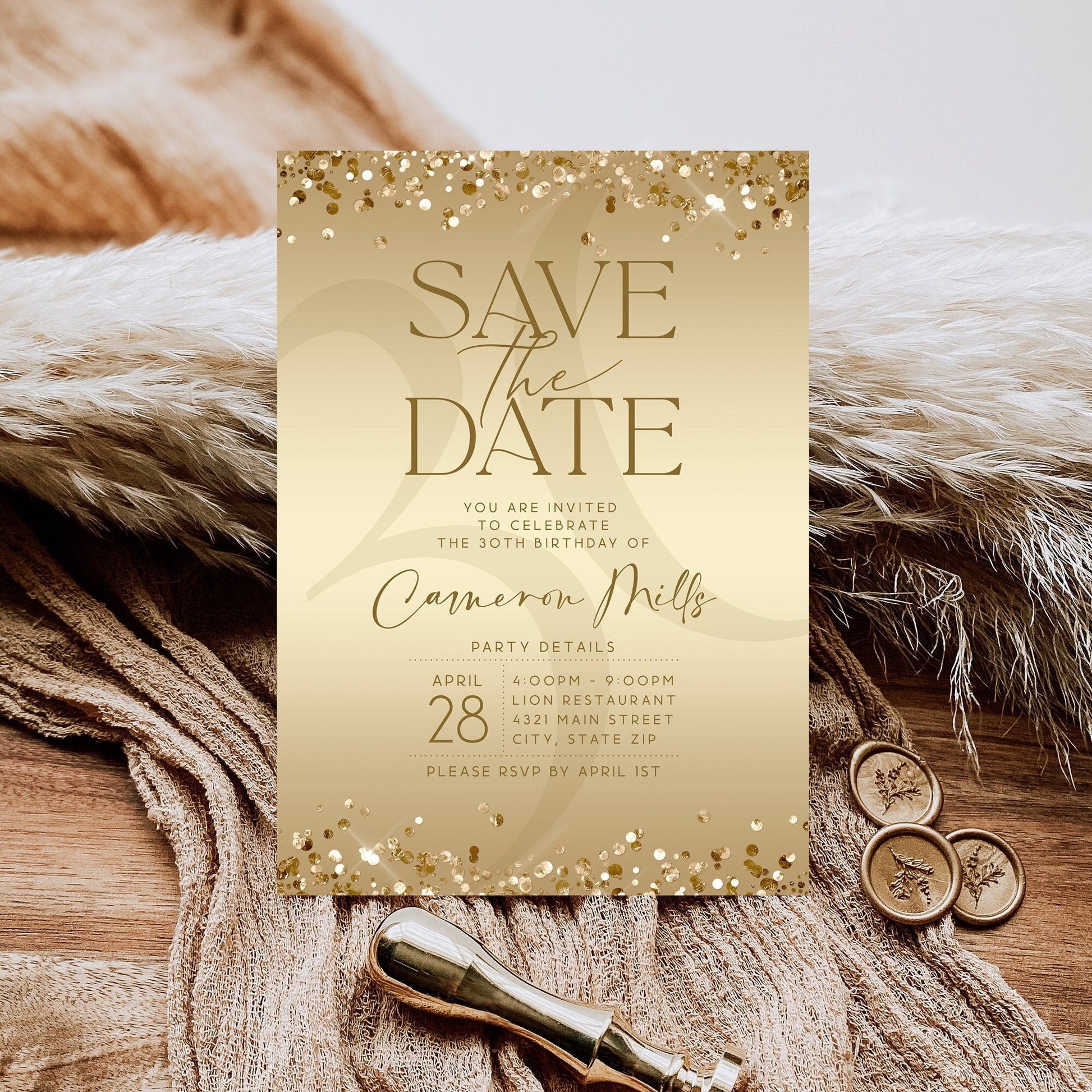 Gold Save the Date Birthday Invitation | Editable Luxury Invite Template | Printable & Digital Text Message Evite | Instant Download
