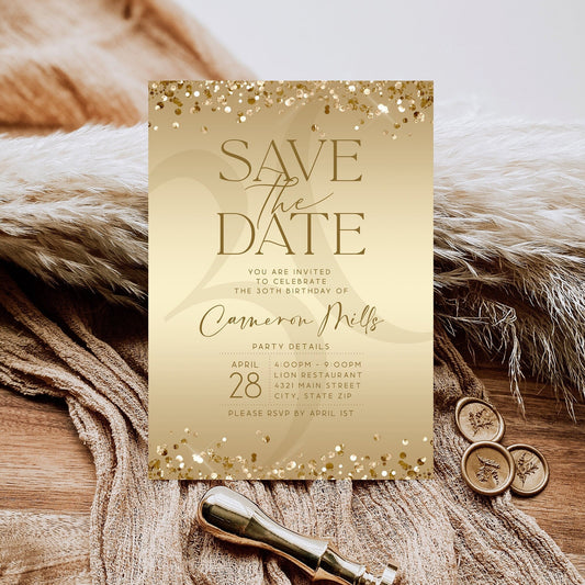 Gold Save the Date Birthday Invitation | Editable Luxury Invite Template | Printable & Digital Text Message Evite | Instant Download