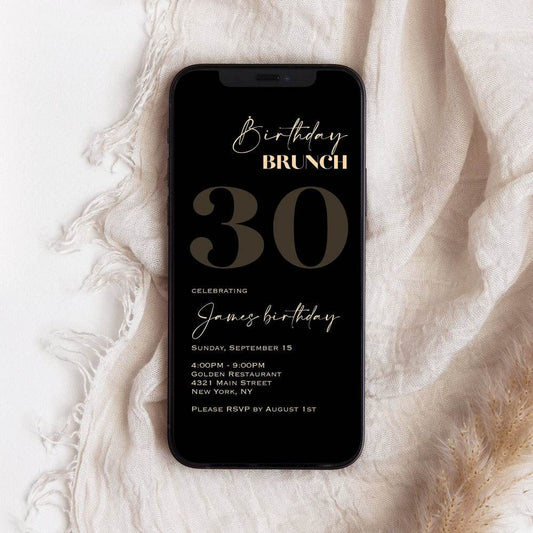 30th Birthday Evite | Black and Gold Design | Paperless Invitation | Thirty Mobile Invite | Instant Download