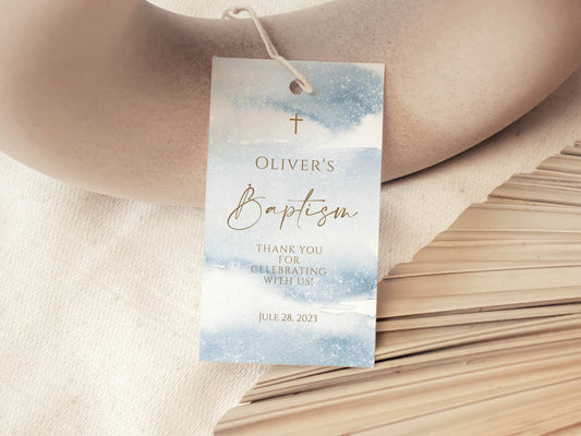 Blue Boy Baptism Thank You Tag, First Holy Communion Favor Tag, Editable Christening Tag Template, Watercolor Cross, Printable Favor Tag