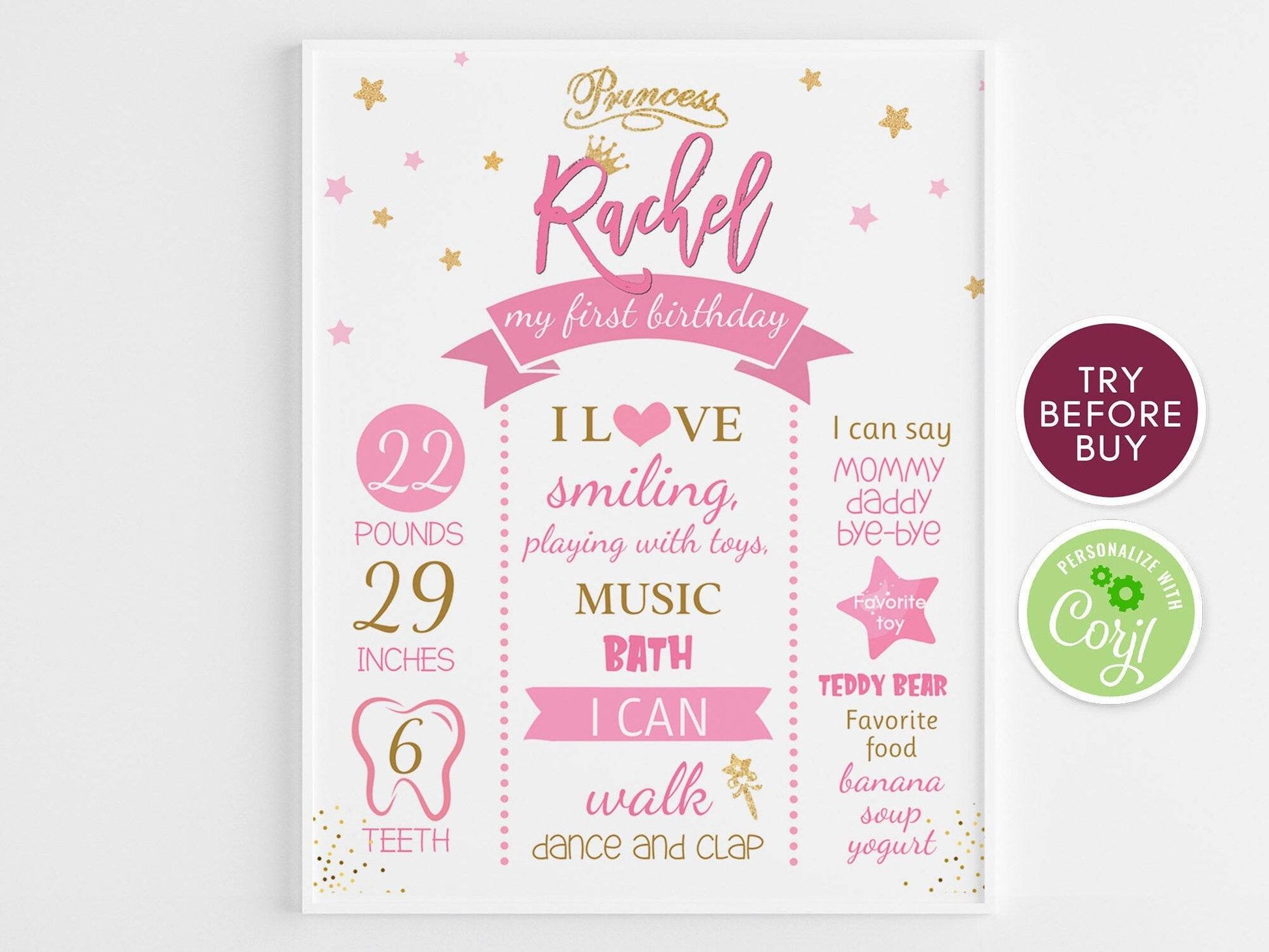 Princess First Birthday Board, Girl Milestone Birthday White Chalkboard Sign, Pink & Gold Party Poster, Crown, Wand Instant DIY DIGITAL FILE