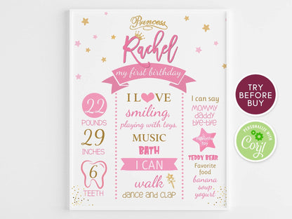 Princess First Birthday Board, Girl Milestone Birthday White Chalkboard Sign, Pink & Gold Party Poster, Crown, Wand Instant DIY DIGITAL FILE