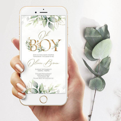 Digital Greenery Oh Boy Baby Shower Invitation Evite, Editable Electronic Smartphone Invite, Text Message Baby Shower Template, Instant Download