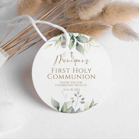 Round First Communion Thank You Tag Template | Eucalyptus & Gold Leaves Favor Tag | Sage Green Boho Baptism Tag for Boy or Girl | Editable