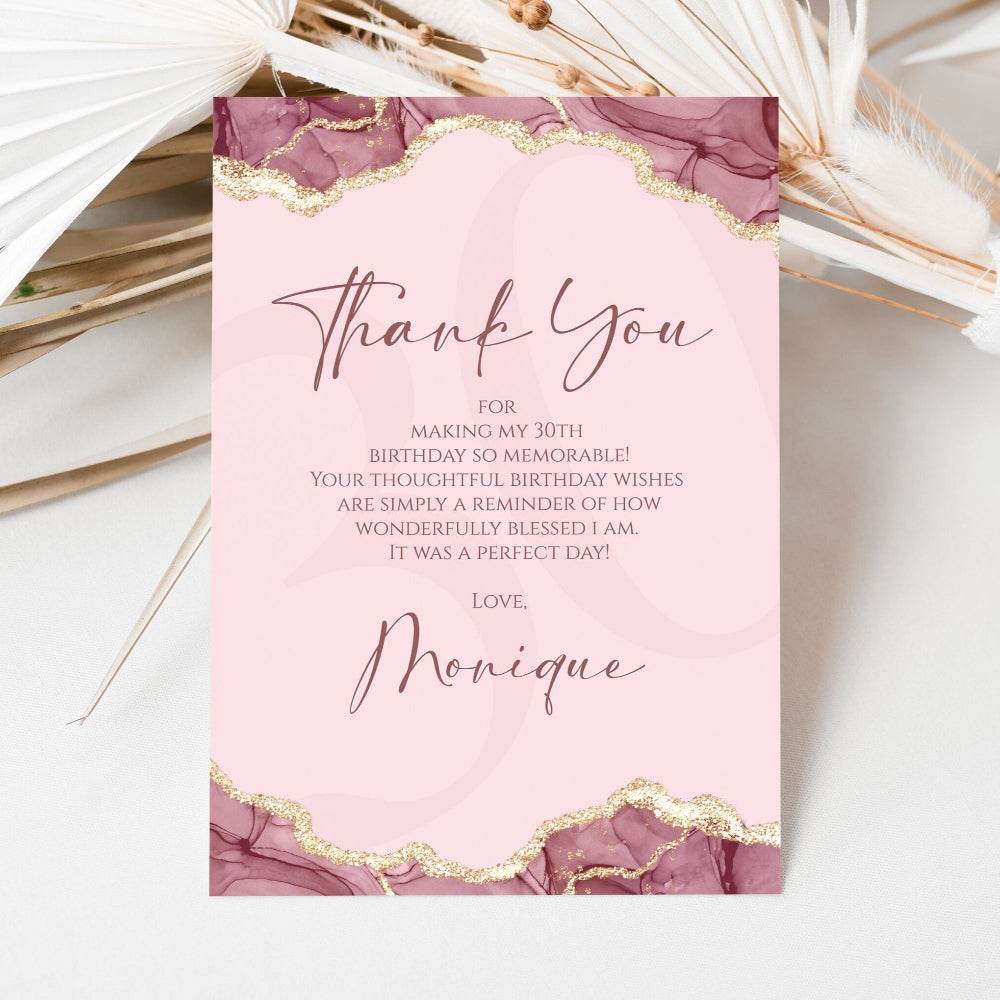 Burgundy Pink Gold Watercolor Thank-You Card, Editable Birthday & Anniversary Thank-You Template, Printable Digital Download