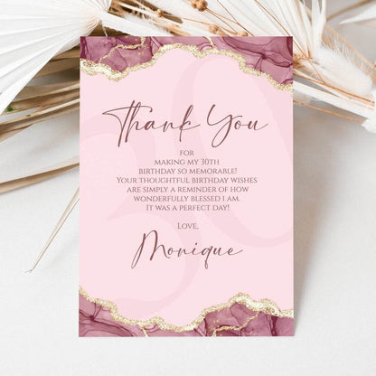 Burgundy Pink Gold Watercolor Thank-You Card, Editable Birthday & Anniversary Thank-You Template, Printable Digital Download