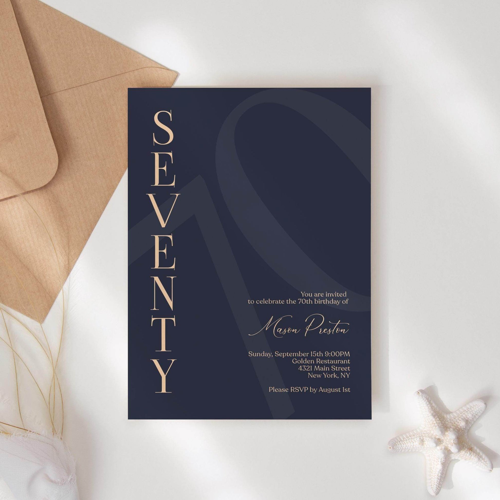 Navy 70th Birthday Invitation Template – Editable Minimalist Birthday Card | Printable Modern 70th Birthday Invite for Him | Instant Download