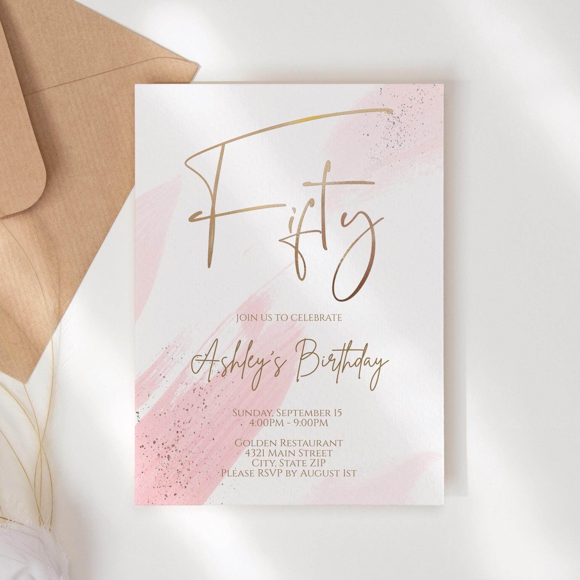 50th Birthday Invitation Template, Gold Foil Watercolor Invite, Editable 50th Party Card, Digital Download, Any Age Birthday Invitation