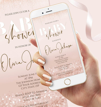 Pink Girl Baby Shower Invitation Template, Rose Gold Digital Invite, Editable Text Message Evite, Electronic Baby Shower, Instant Download