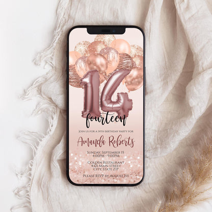 14th Birthday Electronic Invite, Fourteen Editable Invitation, Email Text Message, Smartphone Invite, Evite, Phone Invite, Digital Template
