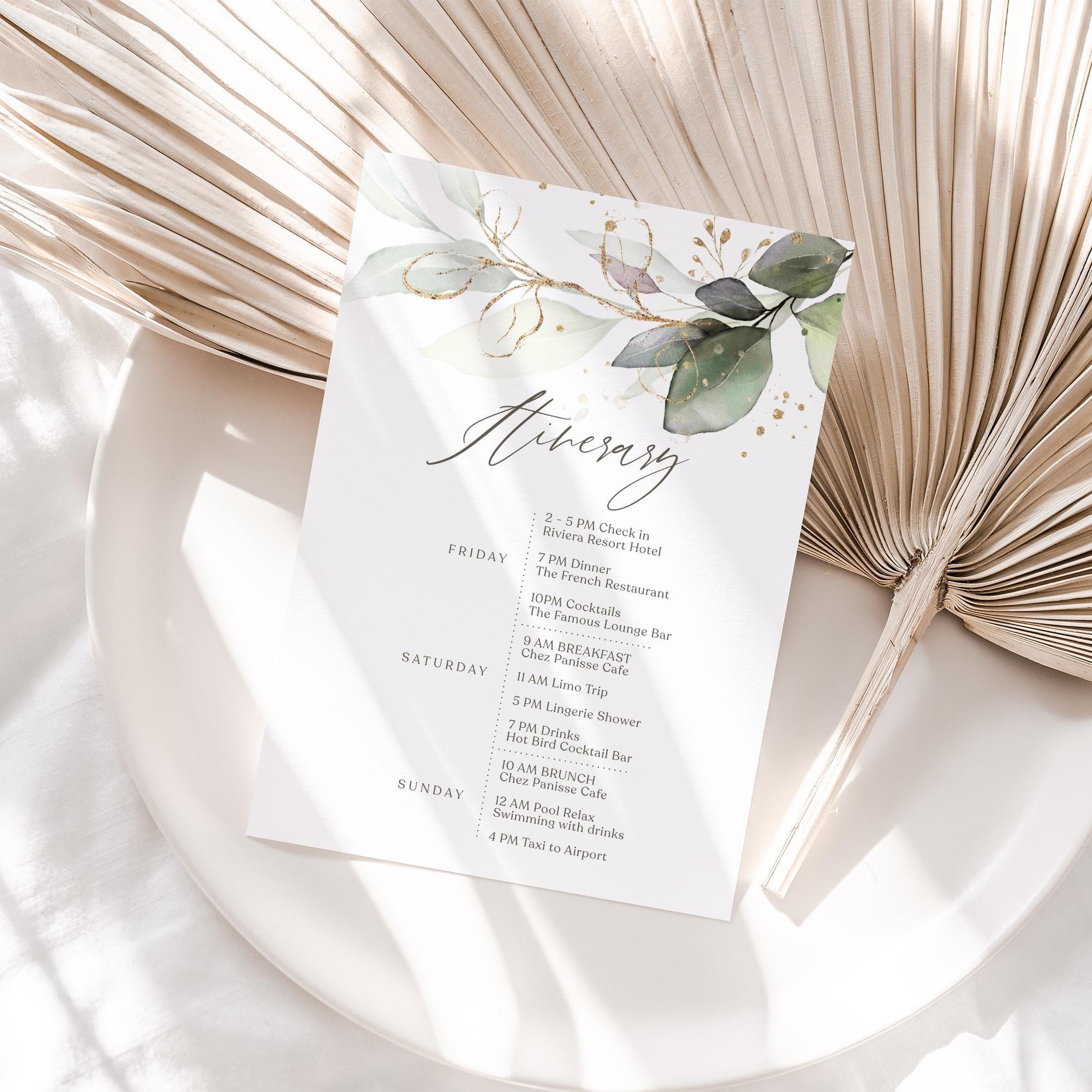 Editable Weekend Itinerary Card Template, Birthday Weekend, Printable Weekend Itinerary, Hens Weekend, Bachelorette, Greenery Eucalyptus