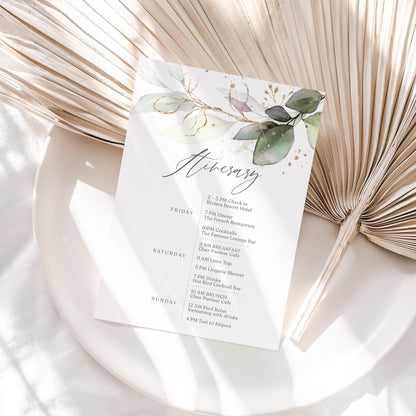 Editable Weekend Itinerary Card Template, Birthday Weekend, Printable Weekend Itinerary, Hens Weekend, Bachelorette, Greenery Eucalyptus