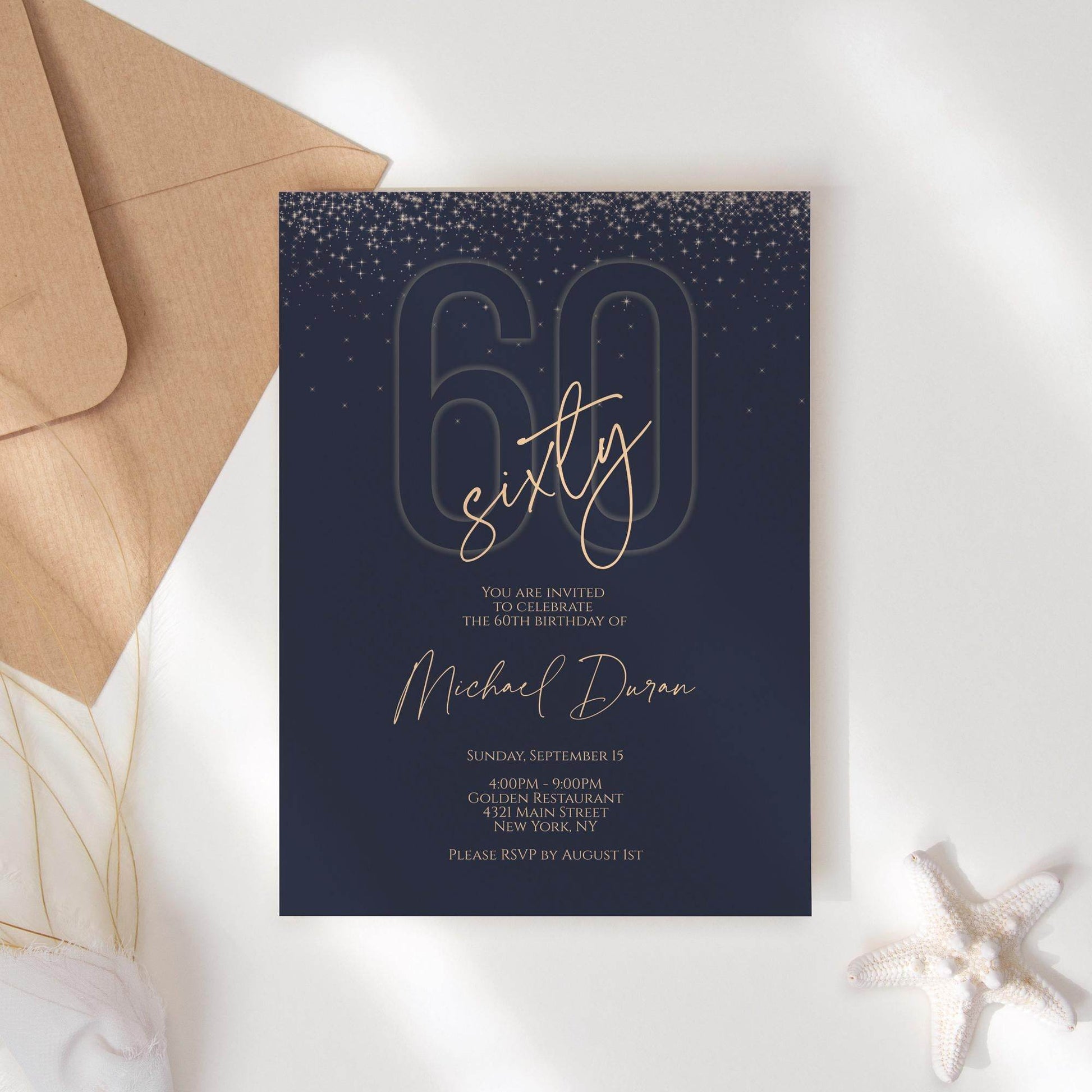 Printable Blue & Gold 60th Birthday Invitation – Editable Navy Digital Evite | Men's DIY Email or Text Message Invite Template