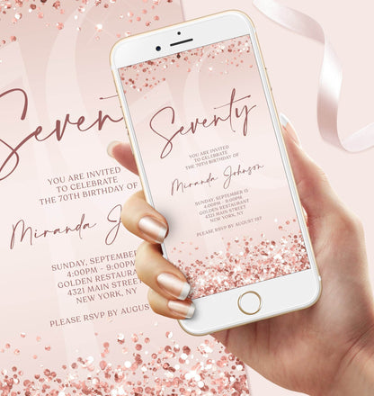 Digital 70th Birthday Invitation Template, Editable Rose Gold Confetti Evite, Electronic Birthday Text Message Invite, Instant Download