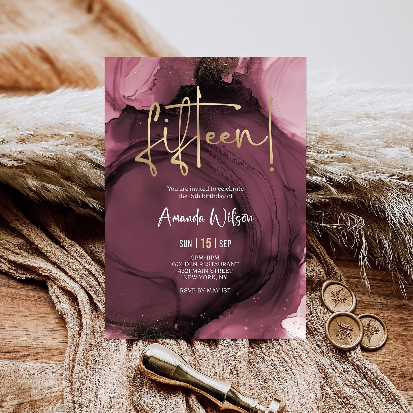 15th Birthday Invitation Template | Editable Surprise Invite | Gold Foil Design