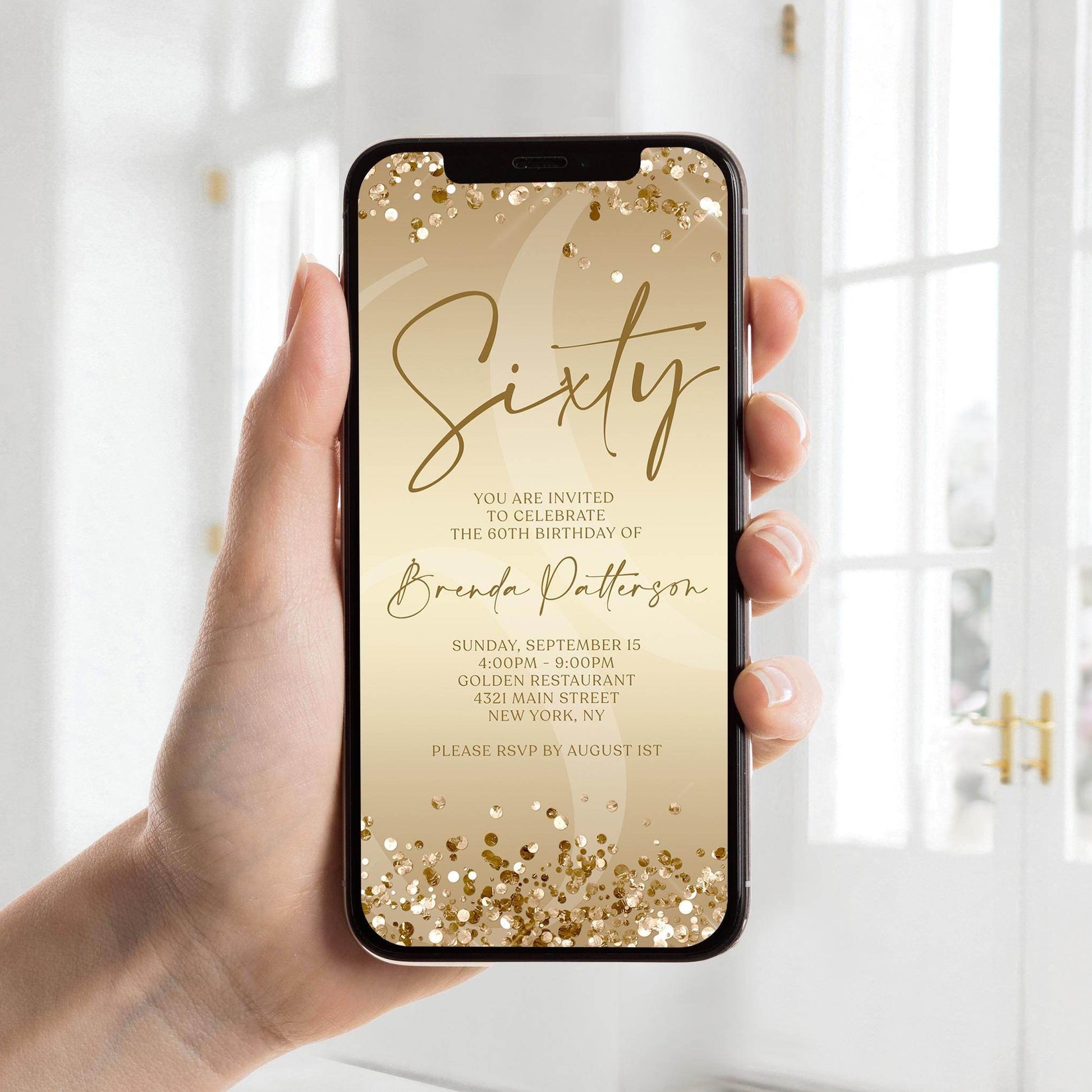 60th Birthday Invitation Template | Editable Gold Confetti Digital Invite | Electronic 60th Birthday Evite | Phone Text Message Card | Instant Download