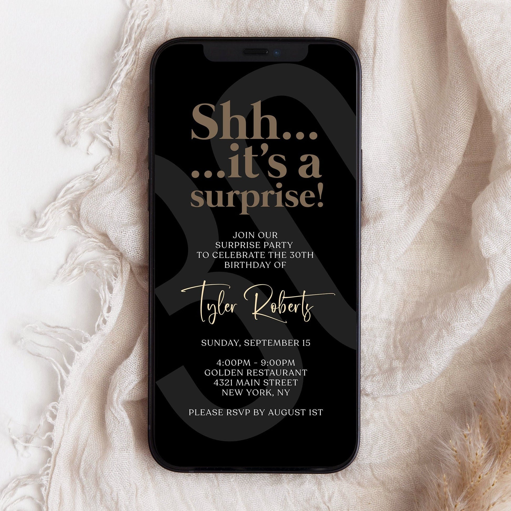 Digital Black Shhh it's a surprise, Electronic 30th thirty birthday text invitation template, Minimalist Editable invite, Text Message Evite