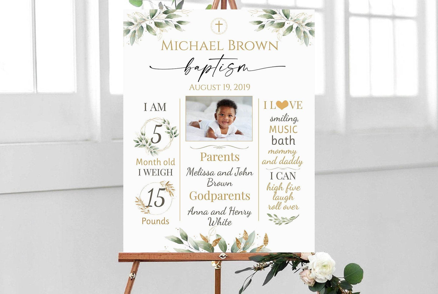 Baptism Milestone Sign with Photo, Greenery Baptism Chalkboard, Printable Baptism Poster, Gold Baptism Decorations, Editable Girl Boy Baptism Board