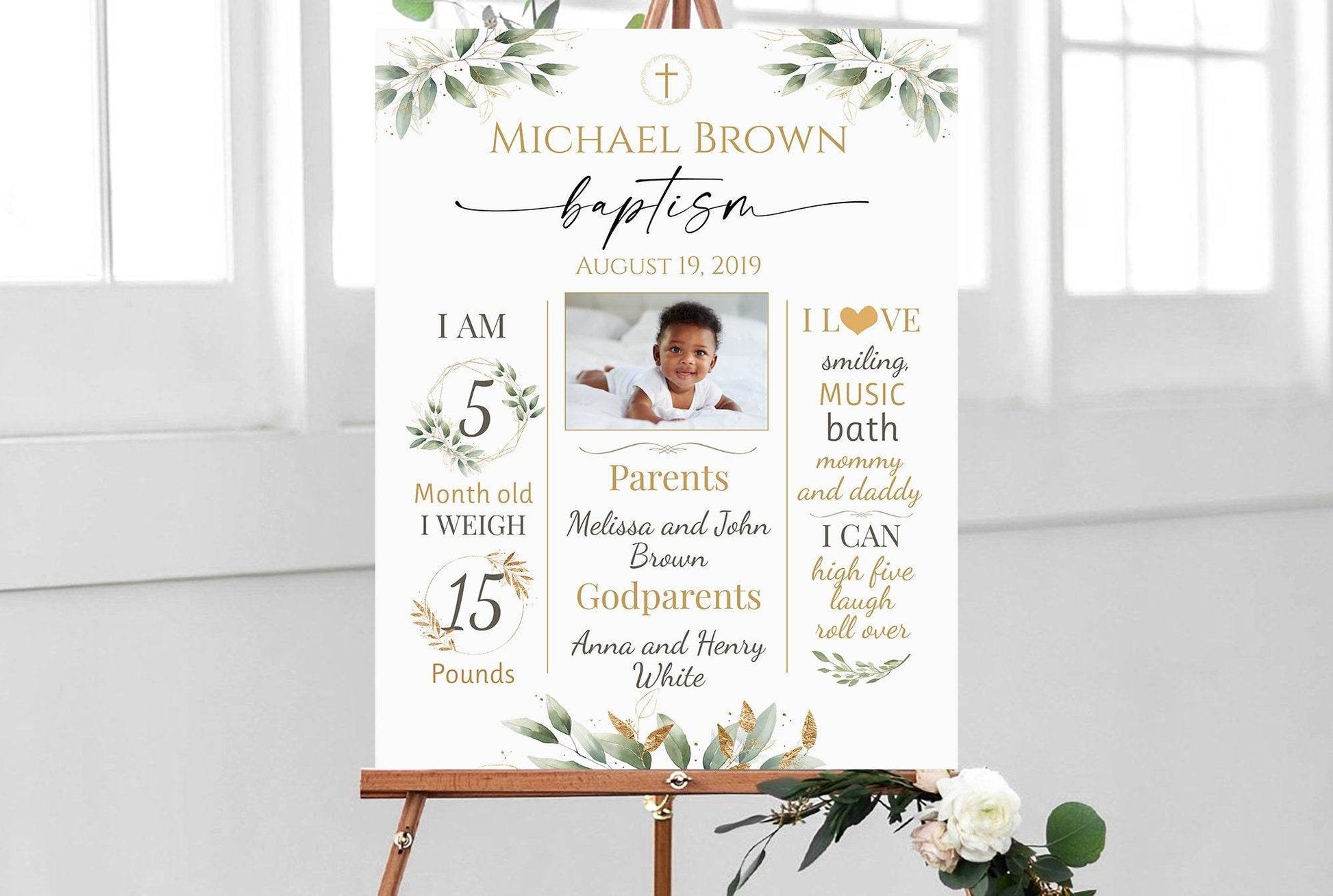 Baptism Milestone Sign with Photo, Greenery Baptism Chalkboard, Printable Baptism Poster, Gold Baptism Decorations, Editable Girl Boy Baptism Board