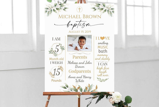 Baptism Milestone Sign with Photo, Greenery Baptism Chalkboard, Printable Baptism Poster, Gold Baptism Decorations, Editable Girl Boy Baptism Board