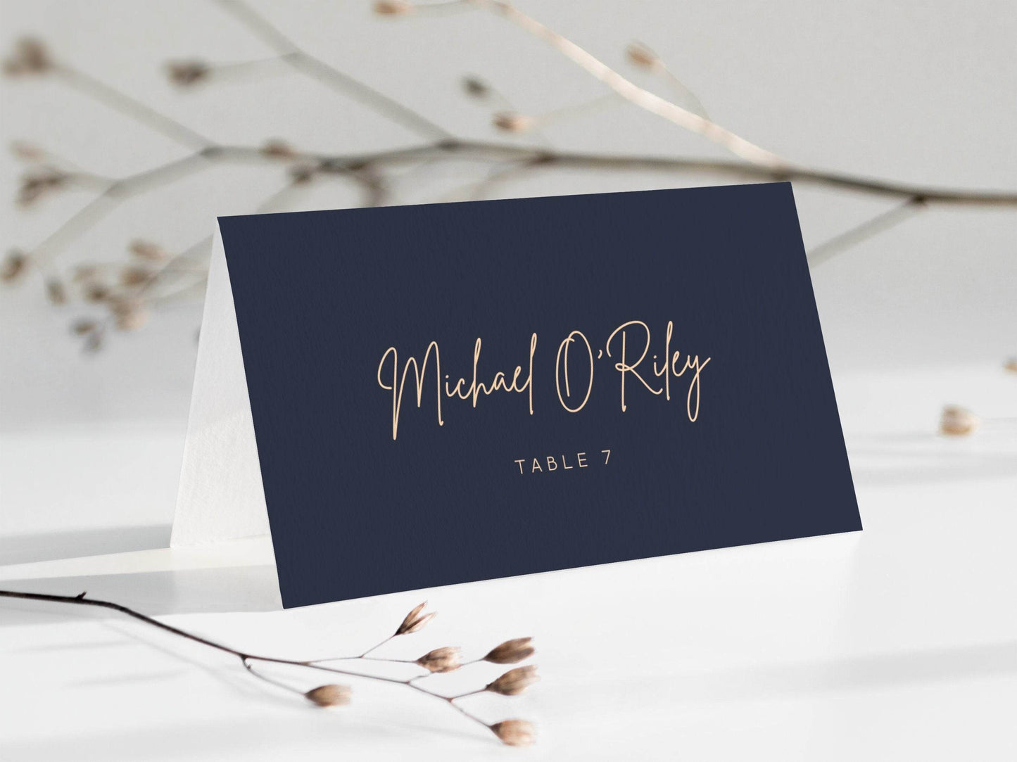 Elegant Place Card Template, Calligraphy, Men's Blue Navy Card, Flat & Tent, Editable Place Card, Printable, Digital Card, INSTANT Download