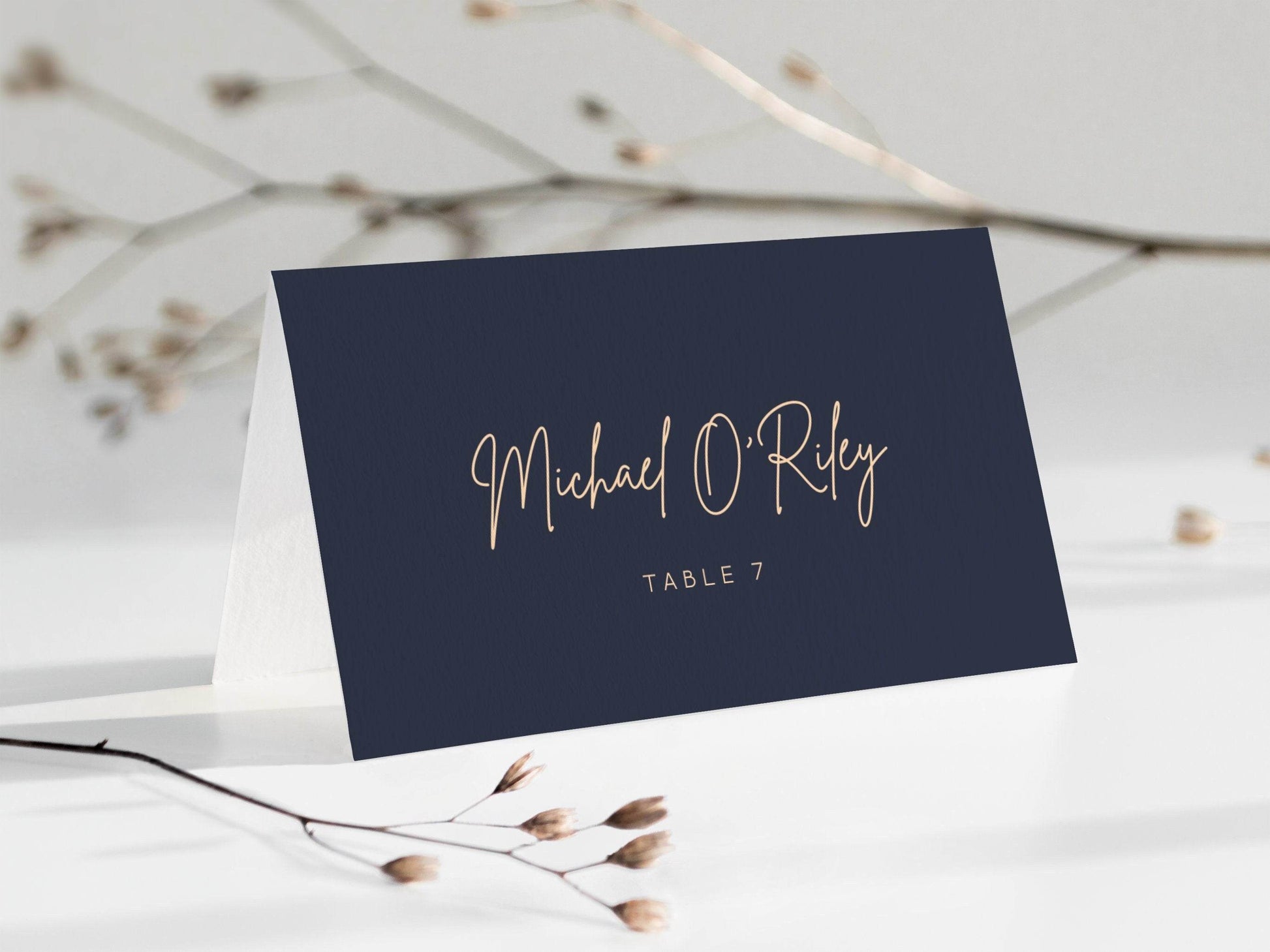 Elegant Place Card Template, Calligraphy, Men's Blue Navy Card, Flat & Tent, Editable Place Card, Printable, Digital Card, INSTANT Download