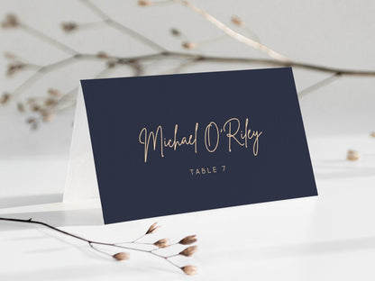 Elegant Place Card Template, Calligraphy, Men's Blue Navy Card, Flat & Tent, Editable Place Card, Printable, Digital Card, INSTANT Download