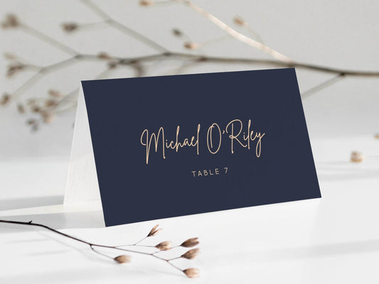 Elegant Place Card Template, Calligraphy, Men's Blue Navy Card, Flat & Tent, Editable Place Card, Printable, Digital Card, INSTANT Download