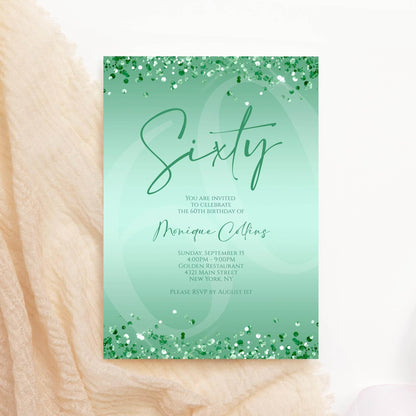 Printable Mint Green 60th Birthday Invitation Template – Editable Digital Mint Birthday Card | Women’s 60th Party Invite | Instant Download